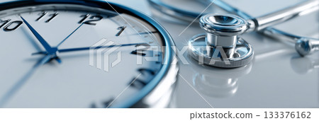 A Clock and Stethoscope on a Glossy Desk Symbolizing the Urgency of Modern Medical Care - Generative Ai 133376162