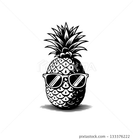 Illustration of pineapple with sunglasses in engraving style. Design element for poster, card, banner, sign. Vector illustration 133376222