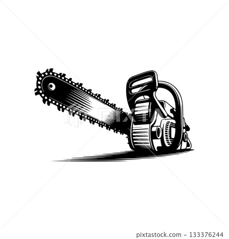 Illustration of chainsaw isolated on white background. Design element for emblem, sign, badge. Vector illustration 133376244