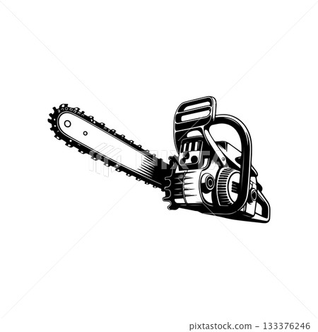 Illustration of chainsaw isolated on white background. Design element for emblem, sign, badge. Vector illustration 133376246