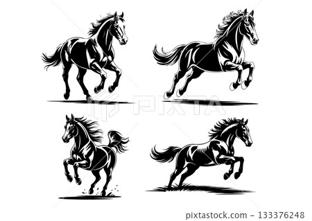 Black and white illustration of a running horse. Monochrome image of a horse. Design element for logo, sign, poster, emblem. Vector illustration Black and white illustration of a running horse. Monochrome image of a horse. Design element for logo, sign, poster, emblem. Vector illustration 133376248