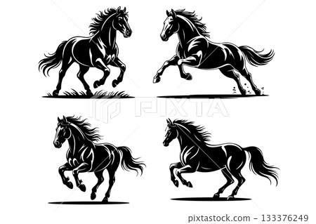 Black and white illustration of a running horse. Monochrome image of a horse. Design element for logo, sign, poster, emblem. Vector illustration Black and white illustration of a running horse. Monochrome image of a horse. Design element for logo, sign, poster, emblem. Vector illustration 133376249