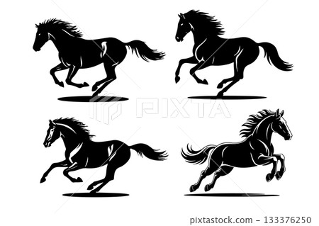 Black and white illustration of a running horse. Monochrome image of a horse. Design element for logo, sign, poster, emblem. Vector illustration Black and white illustration of a running horse. Monochrome image of a horse. Design element for logo, sign, poster, emblem. Vector illustration 133376250