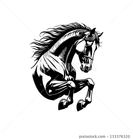 Black and white illustration of a running horse. Monochrome image of a horse. Design element for logo, sign, poster, emblem. Vector illustration Black and white illustration of a running horse. Monochrome image of a horse. Design element for logo, sign, poster, emblem. Vector illustration 133376320