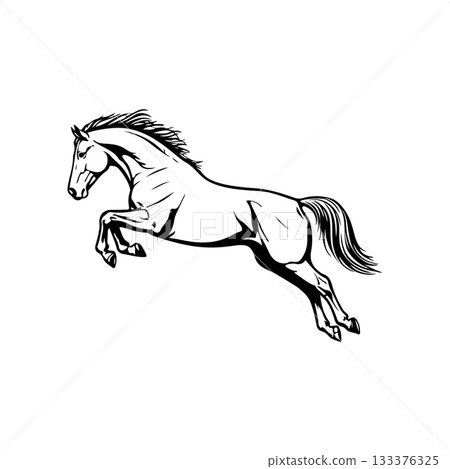 Black and white illustration of a running horse. Monochrome image of a horse. Design element for logo, sign, poster, emblem. Vector illustration Black and white illustration of a running horse. Monochrome image of a horse. Design element for logo, sign, poster, emblem. Vector illustration 133376325