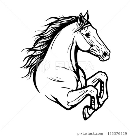 Black and white illustration of a running horse. Monochrome image of a horse. Design element for logo, sign, poster, emblem. Vector illustration Black and white illustration of a running horse. Monochrome image of a horse. Design element for logo, sign, poster, emblem. Vector illustration 133376329