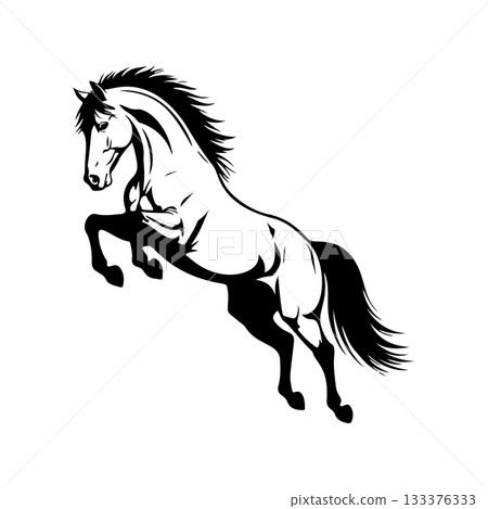 Black and white illustration of a running horse. Monochrome image of a horse. Design element for logo, sign, poster, emblem. Vector illustration 133376333