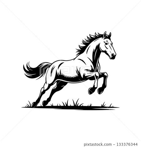 Black and white illustration of a running horse. Monochrome image of a horse. Design element for logo, sign, poster, emblem. Vector illustration Black and white illustration of a running horse. Monochrome image of a horse. Design element for logo, sign, poster, emblem. Vector illustration 133376344