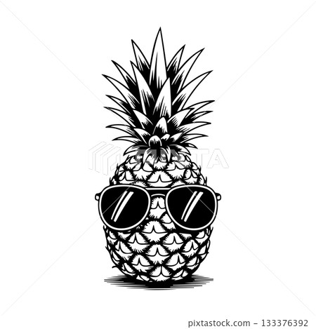 Illustration of pineapple with sunglasses in engraving style. Design element for poster, card, banner, sign. Vector illustration 133376392