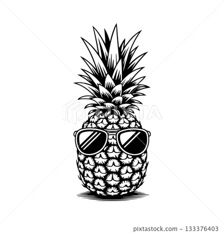 Illustration of pineapple with sunglasses in engraving style. Design element for poster, card, banner, sign. Vector illustration 133376403