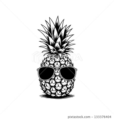 Illustration of pineapple with sunglasses in engraving style. Design element for poster, card, banner, sign. Vector illustration 133376404