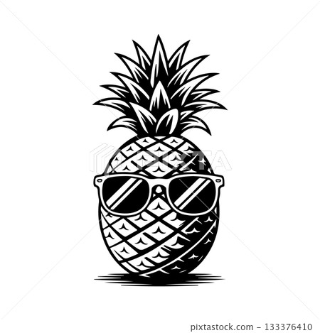 Illustration of pineapple with sunglasses in engraving style. Design element for poster, card, banner, sign. Vector illustration 133376410