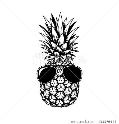 Illustration of pineapple with sunglasses in engraving style. Design element for poster, card, banner, sign. Vector illustration 133376411