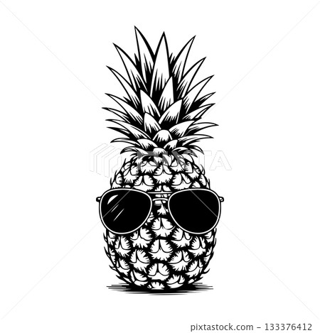 Illustration of pineapple with sunglasses in engraving style. Design element for poster, card, banner, sign. Vector illustration 133376412