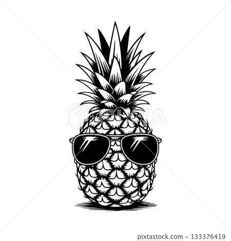 Illustration of pineapple with sunglasses in engraving style. Design element for poster, card, banner, sign. Vector illustration Illustration of pineapple with sunglasses in engraving style. Design element for poster, card, banner, sign. Vector illustration 133376419