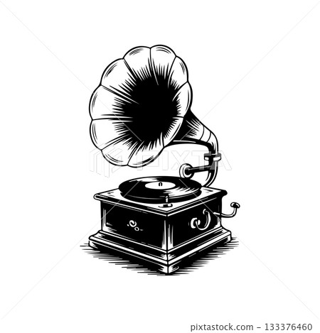 Illustration of retro gramophone in engraving style. Design element for logo, emblem, sign, poster, card, banner. Vector illustration 133376460