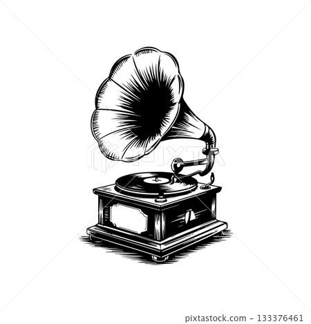 Illustration of retro gramophone in engraving style. Design element for logo, emblem, sign, poster, card, banner. Vector illustration 133376461