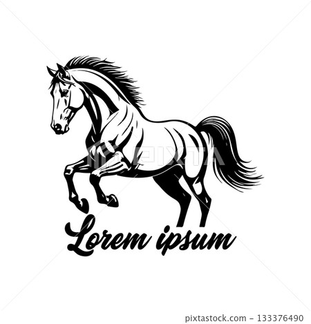 Black and white illustration of a running horse. Monochrome image of a horse. Design element for logo, sign, poster, emblem. Vector illustration Black and white illustration of a running horse. Monochrome image of a horse. Design element for logo, sign, poster, emblem. Vector illustration 133376490