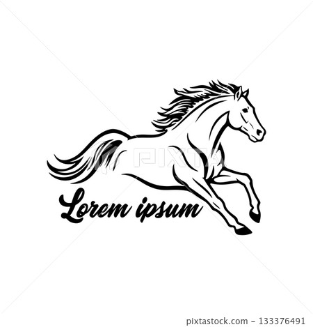 Black and white illustration of a running horse. Monochrome image of a horse. Design element for logo, sign, poster, emblem. Vector illustration Black and white illustration of a running horse. Monochrome image of a horse. Design element for logo, sign, poster, emblem. Vector illustration 133376491