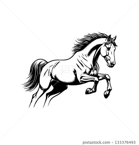Black and white illustration of a running horse. Monochrome image of a horse. Design element for logo, sign, poster, emblem. Vector illustration Black and white illustration of a running horse. Monochrome image of a horse. Design element for logo, sign, poster, emblem. Vector illustration 133376493