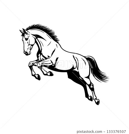 Black and white illustration of a running horse. Monochrome image of a horse. Design element for logo, sign, poster, emblem. Vector illustration Black and white illustration of a running horse. Monochrome image of a horse. Design element for logo, sign, poster, emblem. Vector illustration 133376507