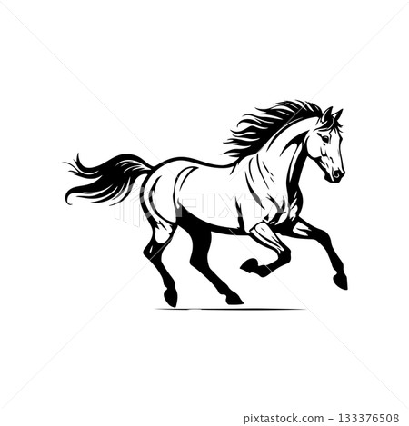 Black and white illustration of a running horse. Monochrome image of a horse. Design element for logo, sign, poster, emblem. Vector illustration Black and white illustration of a running horse. Monochrome image of a horse. Design element for logo, sign, poster, emblem. Vector illustration 133376508