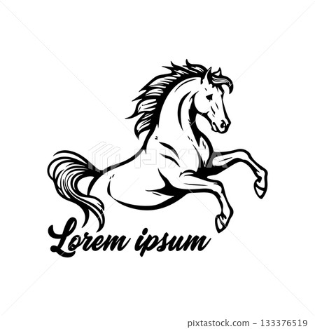 Black and white illustration of a running horse. Monochrome image of a horse. Design element for logo, sign, poster, emblem. Vector illustration Black and white illustration of a running horse. Monochrome image of a horse. Design element for logo, sign, poster, emblem. Vector illustration 133376519