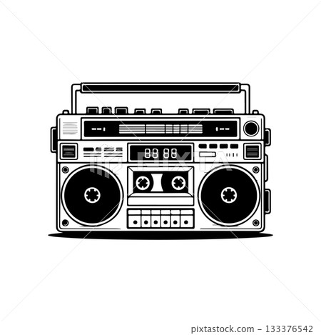 Illustration of boombox isolated on white background. Design element for poster, card, banner, logo, label, sign, badge, t shirt. 133376542