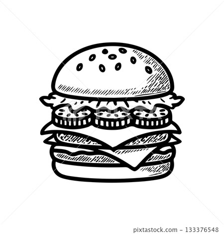 Illustration of burger. Design element for logo, label, badge, emblem. Vector illustration 133376548