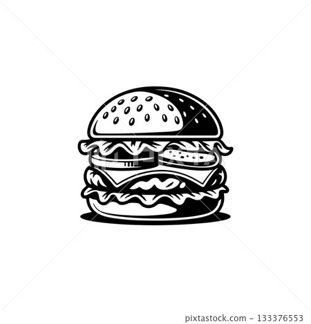 Illustration of burger. Design element for logo, label, badge, emblem. Vector illustration 133376553