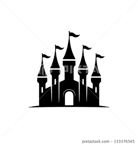 Illustration of castle silhouette in black and white style. Design element for logo, emblem, sign. Vector illustration Illustration of castle silhouette in black and white style. Design element for logo, emblem, sign. Vector illustration 133376565