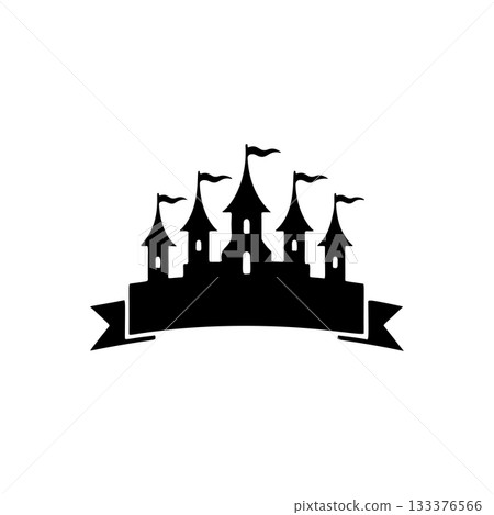 Illustration of castle silhouette in black and white style. Design element for logo, emblem, sign. Vector illustration 133376566