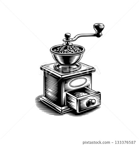 Coffee mill icon isolated on white. Vintage coffee grinder. Design element for logo, label, sign, poster, flyer. Vector illustration 133376587