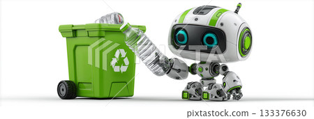 A Cute Futuristic Little Robot Places a Plastic Bottle Into a Green Recycling Bin - Generative Ai 133376630