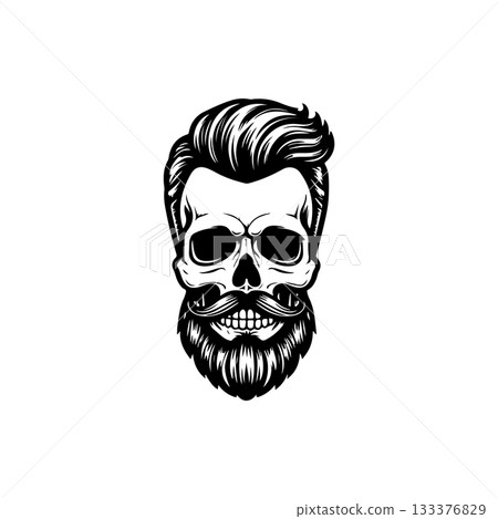 Illustration of bearded skull isolated on white background. Barbers skull. Design element for logo, sign, poster, emblem. Vector illustration 133376829