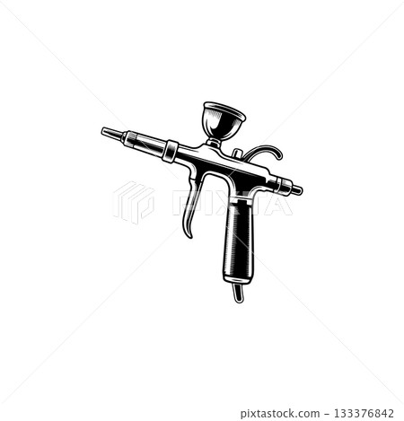 Illustration of airbrush gun in black and white style. Design element for logo, emblem, sign. Vector illustration 133376842