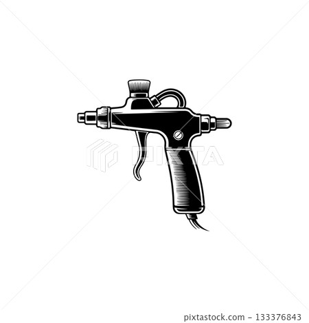 Illustration of airbrush gun in black and white style. Design element for logo, emblem, sign. Vector illustration 133376843