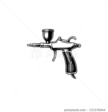 Illustration of airbrush gun in black and white style. Design element for logo, emblem, sign. Vector illustration Illustration of airbrush gun in black and white style. Design element for logo, emblem, sign. Vector illustration 133376844