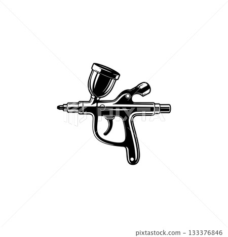 Illustration of airbrush gun in black and white style. Design element for logo, emblem, sign. Vector illustration 133376846