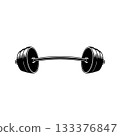 Illustration of gym barbell in monochrome style. Design element for logo, sign, emblem. Vector illustration 133376847