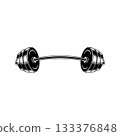 Illustration of gym barbell in monochrome style. Design element for logo, sign, emblem. Vector illustration 133376848