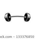 Illustration of gym barbell in monochrome style. Design element for logo, sign, emblem. Vector illustration 133376850