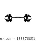 Illustration of gym barbell in monochrome style. Design element for logo, sign, emblem. Vector illustration 133376851