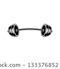 Illustration of gym barbell in monochrome style. Design element for logo, sign, emblem. Vector illustration 133376852