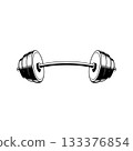 Illustration of gym barbell in monochrome style. Design element for logo, sign, emblem. Vector illustration 133376854