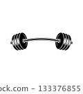 Illustration of gym barbell in monochrome style. Design element for logo, sign, emblem. Vector illustration 133376855