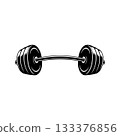 Illustration of gym barbell in monochrome style. Design element for logo, sign, emblem. Vector illustration 133376856