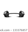 Illustration of gym barbell in monochrome style. Design element for logo, sign, emblem. Vector illustration 133376857