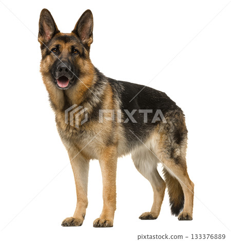 German Shepherd Standing Proudly With Alert Expression and Shiny Coat in Bright Light 133376889