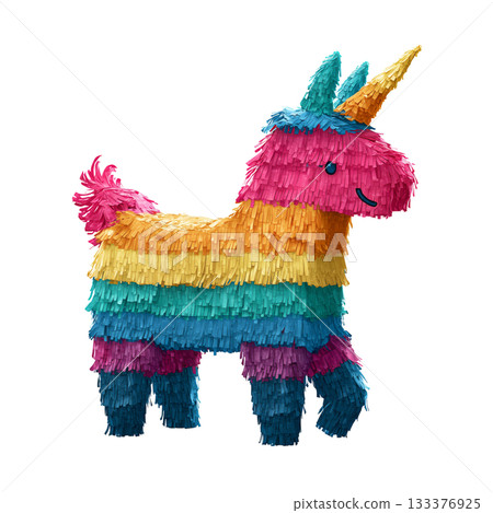 Colorful Unicorn Pinata Ready for Party Fun at a Backyard Celebration. 133376925